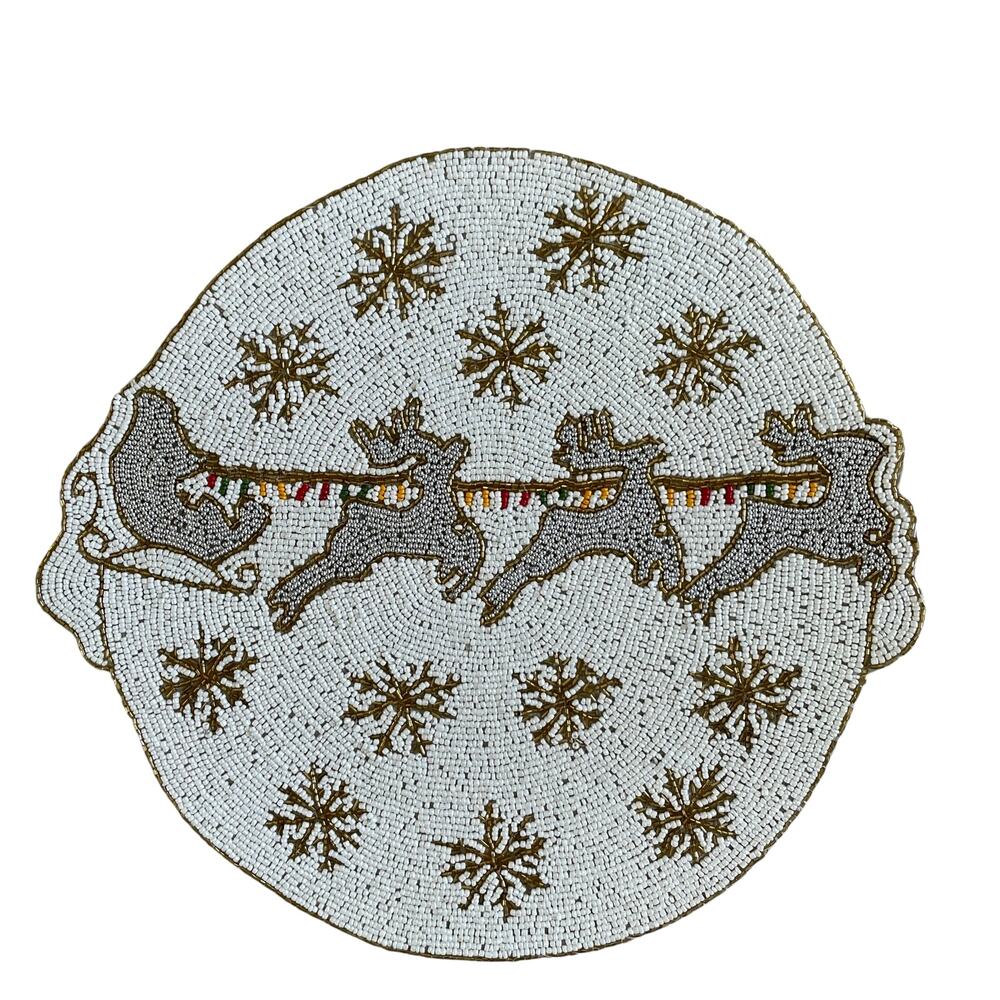 Tahari Christmas Beaded Placemat 15in Holiday Glam Reindeer Snowflakes NEW